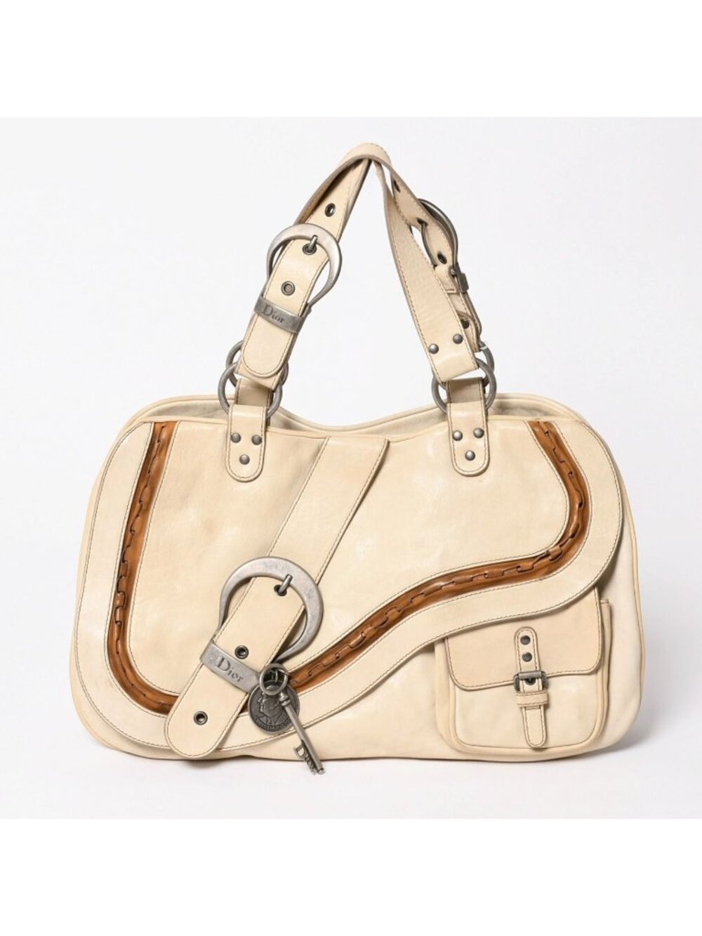 Dior Gaucho Saddle Tote Shoulder Bag Galliano Era Leather Beige